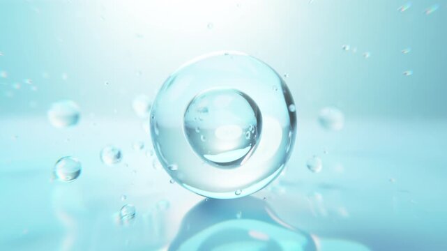 3D animation of a transparent blue serum bubble floating in liquid, creating a clean futuristic aesthetic for skincare, cosmetics, hydration, beauty, and wellness concepts.