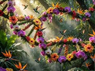 Fototapeta premium Conceptual DNA Helix Formed by Colorful Tropical Flowers and Hummingbirds in a Lush Jungle