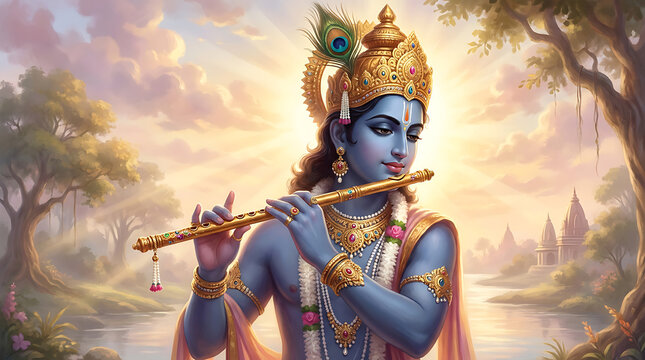 Lord krishna playing the flute in a serene divine landscape