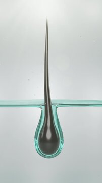 3D vertical animation of golden serum droplets surrounding a hair follicle beneath the skin, representing haircare, scalp treatment, beauty science, hydration, and cosmetic research.