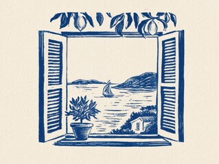 Fototapeta premium Vintage blue ink engraving style illustration of an open window overlooking a mediterranean sea landscape with a sailboat