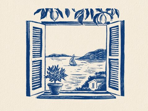 Vintage blue ink engraving style illustration of an open window overlooking a mediterranean sea landscape with a sailboat