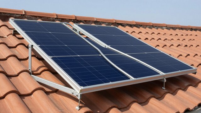 A solar collector setup installed on a red tile roof under clear blue sky, capturing sunlight for renewable energy.