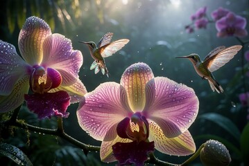 Obraz premium Two Hummingbirds Hovering Near Vibrant Pink Orchids with Dew Drops in Tropical Jungle