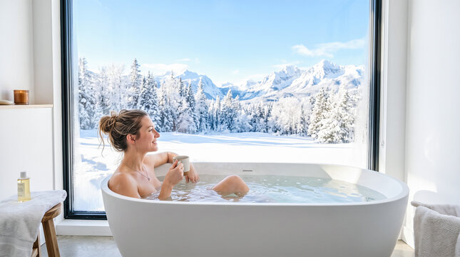 Relaxed young Caucasian female soaking inside freestanding bathtub drinking hot coffee looking through large glass window toward beautiful winter mountain landscape scenery