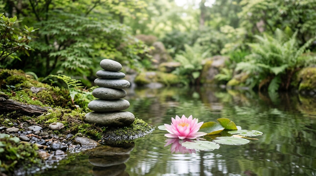 Stack of smooth grey stones beside a pink lotus flower floating on a calm pond in a green forest