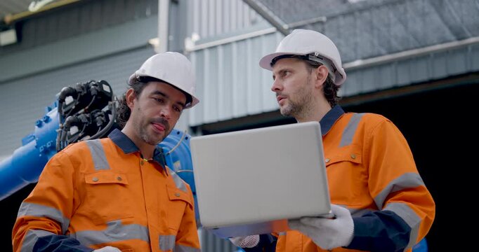 Two adult male technicians review laptop beside industrial robotic arm, using handheld radio and pointing at digital data during collaborative diagnostics and maintenance inside factory workshop.