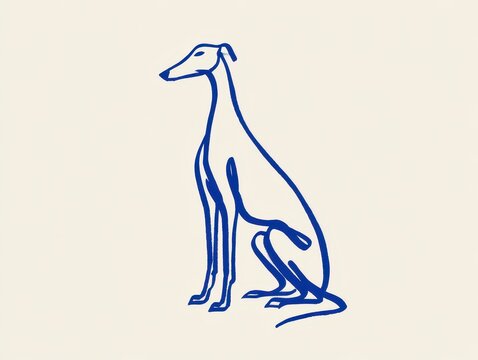 Minimalist blue line art illustration of a graceful greyhound dog sitting, continuous line drawing style on a light cream background