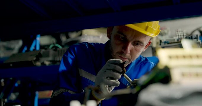 Adult male technician uses screwdriver to adjust electrical control component inside industrial machinery, checking wired module during diagnostics and preventive maintenance in factory workshop.