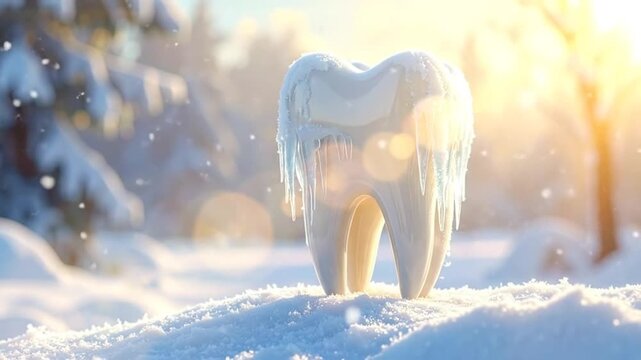 A tooth covered in icicles stands in a snowy landscape