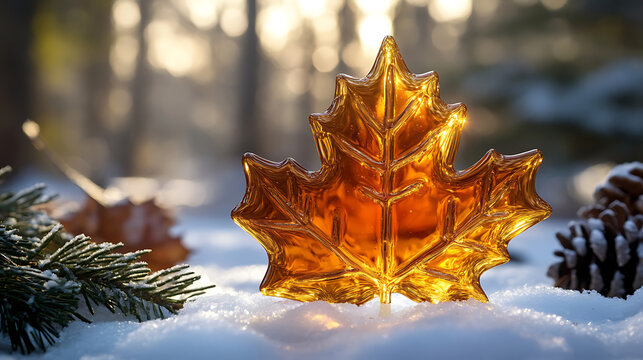 Translucent Maple Leaf Candy Resting on Fresh Snow