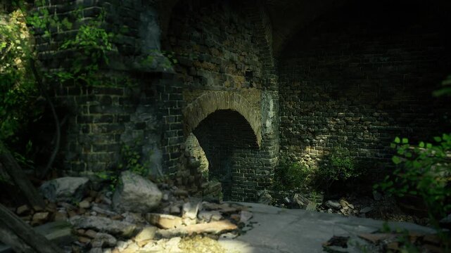 Ivychoked drainage arch with damp stones and shadowed recess, evidence of plant colonization and water flow, scene suited for ecology studies and environmental