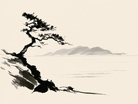 Traditional japanese sumie ink wash painting of a pine tree on a cliff overlooking mountains and sea