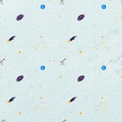  Cute outer space seamless pattern with telescope planets and stars © nita