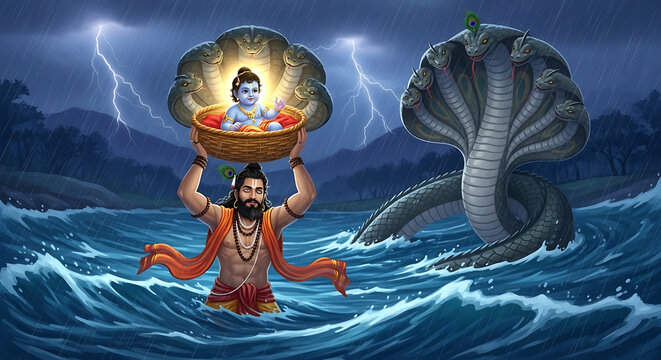 Vasudeva carrying baby krishna across the yamuna river with shesha naga protection