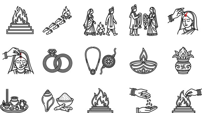 Indian Hindu wedding ritual line icons collection