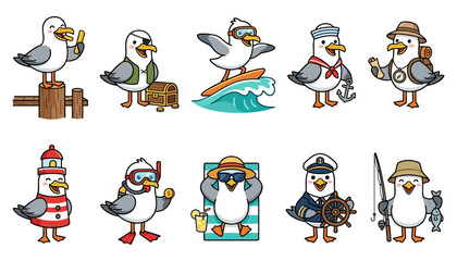 Obraz premium Cute Seagull Cartoon Character Set Featuring Nautical Costumes Like Pirate, Sailor, Captain, Diver, and Beach Vacation Themes for Kids Sticker Designs 