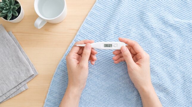 Hands Holding a Digital Thermometer Displaying 36 6 Celsius Representing a Normal Body Temperature Check