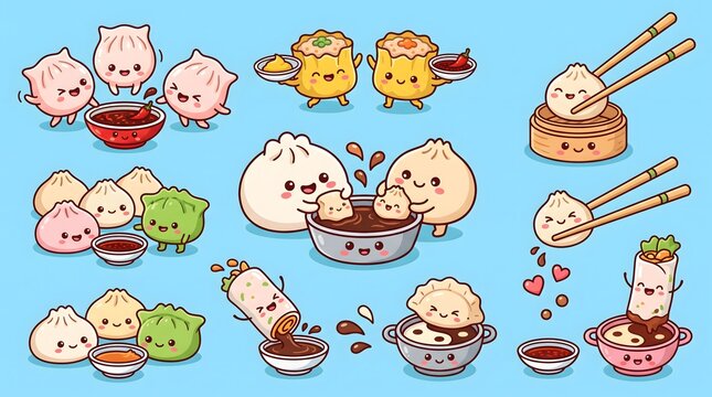 Adorable dim sum cartoon characters with happy faces and sauces