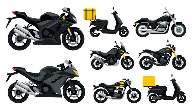 Motorcycle Type Vector Icon Collection Featuring Modern Sportbikes, Classic Chopper, Adventure Tourer, Vintage Cafe Racer, and Food Delivery Scooter Silhouettes 