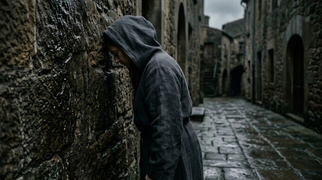 hooded figure leaning head on wet stone wall in dark ancient alley