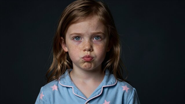Young girl with visible allergic reaction symptoms, including swollen eyes and lips, wearing pajamas against dark background.