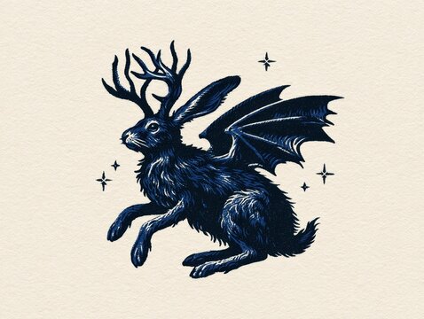 Mythical jackalope with bat wings and antlers, linocut style
