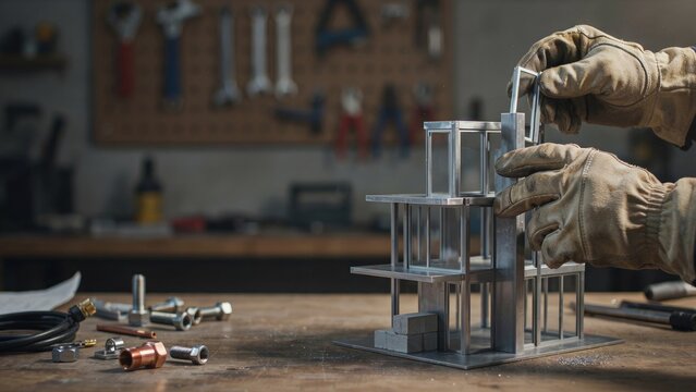 Gloved Hands Assembling Metal Frame Structure on Workshop Table with Tools