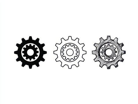 Three variations of a gear icon isolated on white background
