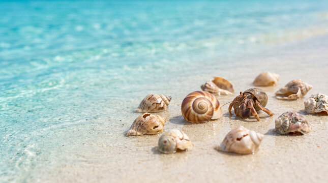 Hermit crab choosing among perfect and cracked seashells for smart housing and risk management concept