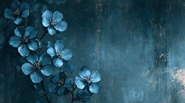 Blue floral digital painting, five‑petal blossoms along left edge, dark sketch outlines, cornflower steel blue petals, textured grimy distressed navy teal slate‑gray background