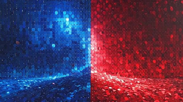 A split background of shimmering blue and red sequin textures