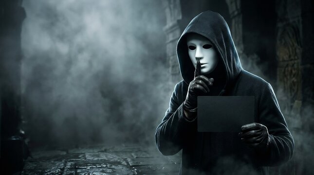 masked figure in hoodie gesturing for silence holding blank card in dark fog