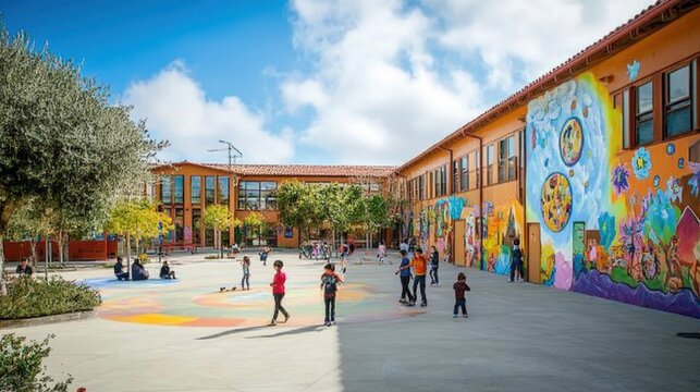 Colorful school playground with children playing outdoors in sunlit area