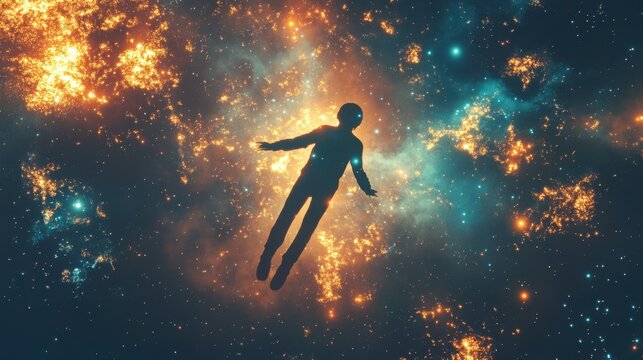 Male silhouette floating in cosmic space with glowing orange asteroids