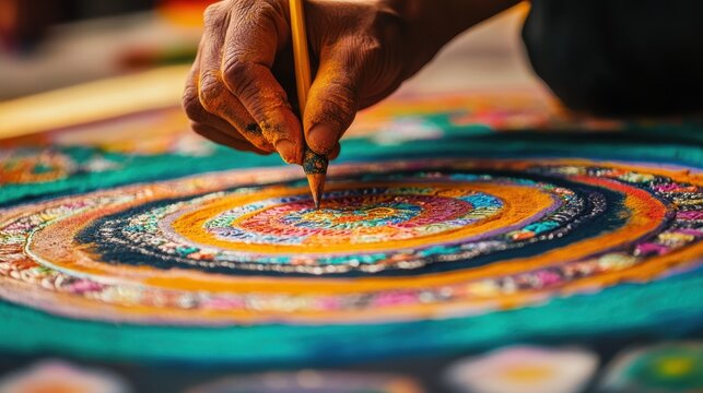Hands creating colorful sand mandala artwork with intricate details