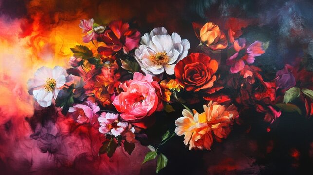 Vivid abstract painting of colorful floral blooms in dynamic brush strokes