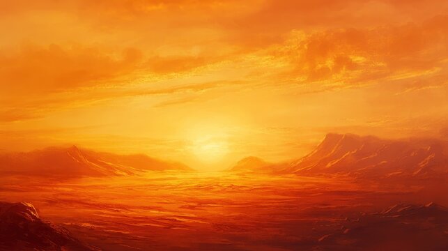Vibrant desert sunset with dramatic sky and distant cliffs