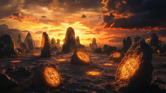 Glowing magical runes in desert landscape at sunset with rocky formations