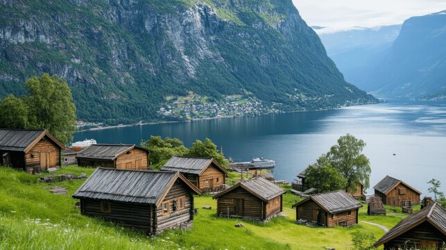 Scenic nordic village by fjord amidst misty mountains and lush greenery