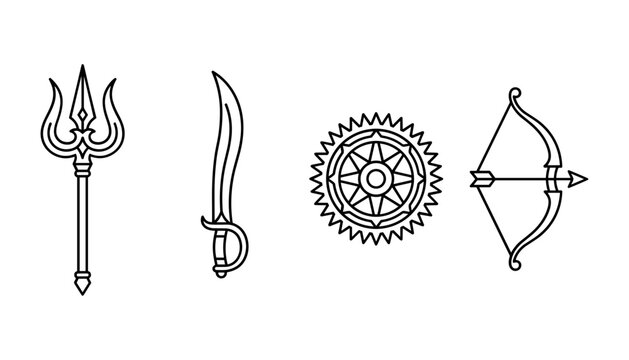 Traditional Hindu Mythology Weapon Icon Set Featuring Sacred Shiva Trishula Trident, Ornate Talwar Sword, Divine Sudarshana Chakra Discus, and Rama Bow and Arrow Vector