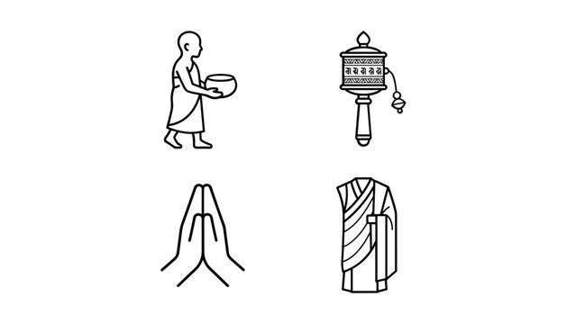 Traditional Buddhist Monk Devotion and Ritual Icon Set Featuring Alms Begging Bowl, Sacred Tibetan Prayer Wheel, Praying Hands Namaste Gesture, and Holy Kasaya Robe Vector