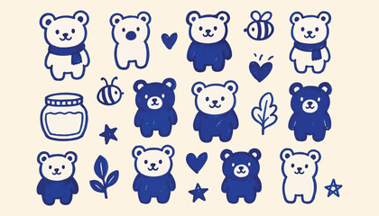 Obraz premium Cute Teddy Bear Doodle Icon Collection with Honey Pot, Bee and Whimsical Woodland Nature Illustrations
