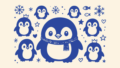 Obraz premium Cute Penguin Doodle Icon Collection with Snowflakes, Stars and Whimsical Winter Animal Illustrations 