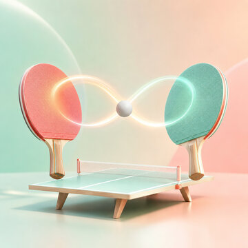 Creative pastel 3D illustration of two oversized table tennis paddles and a ball connected by a glowing infinity-shaped trajectory above a miniature ping pong table. Concept of endless play and contin