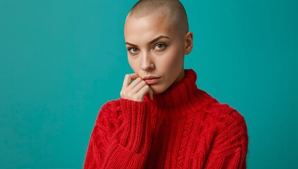 Obraz premium Female model with shaved head wearing a bright red hand-knitted sweater poses against a turquoise background, showcasing high fashion and contemporary style