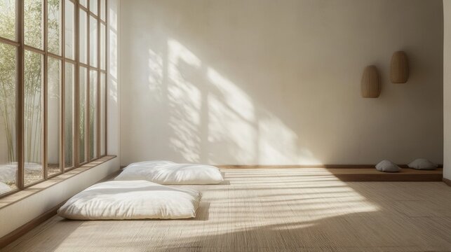 Minimalist zen room with bamboo and cushions in natural light
