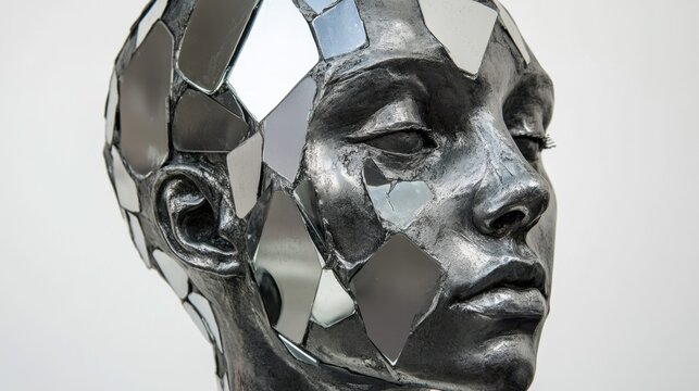 Abstract sculptures with mirrored geometric patterns in artistic display