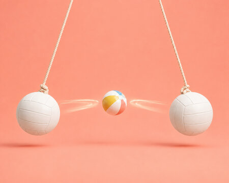 Creative surreal 3D illustration of volleyballs suspended like a Newton's cradle with a colorful beach ball between them. Minimal pastel sports concept representing motion, balance, impact and energy.