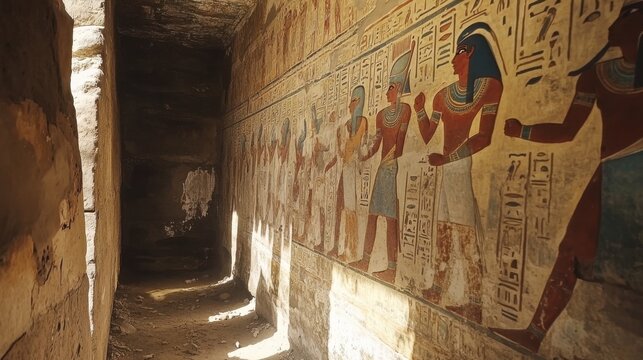 Ancient egyptian tomb with detailed hieroglyphs and colorful wall paintings